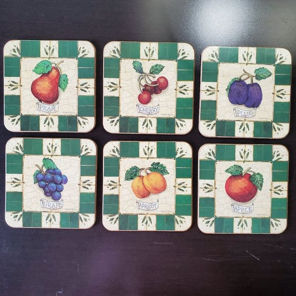 Pimpernel Coasters, set of 6, Cork Backed, Fruit Medley, Apple Cherry Grape Pear - Picture 1 of 9